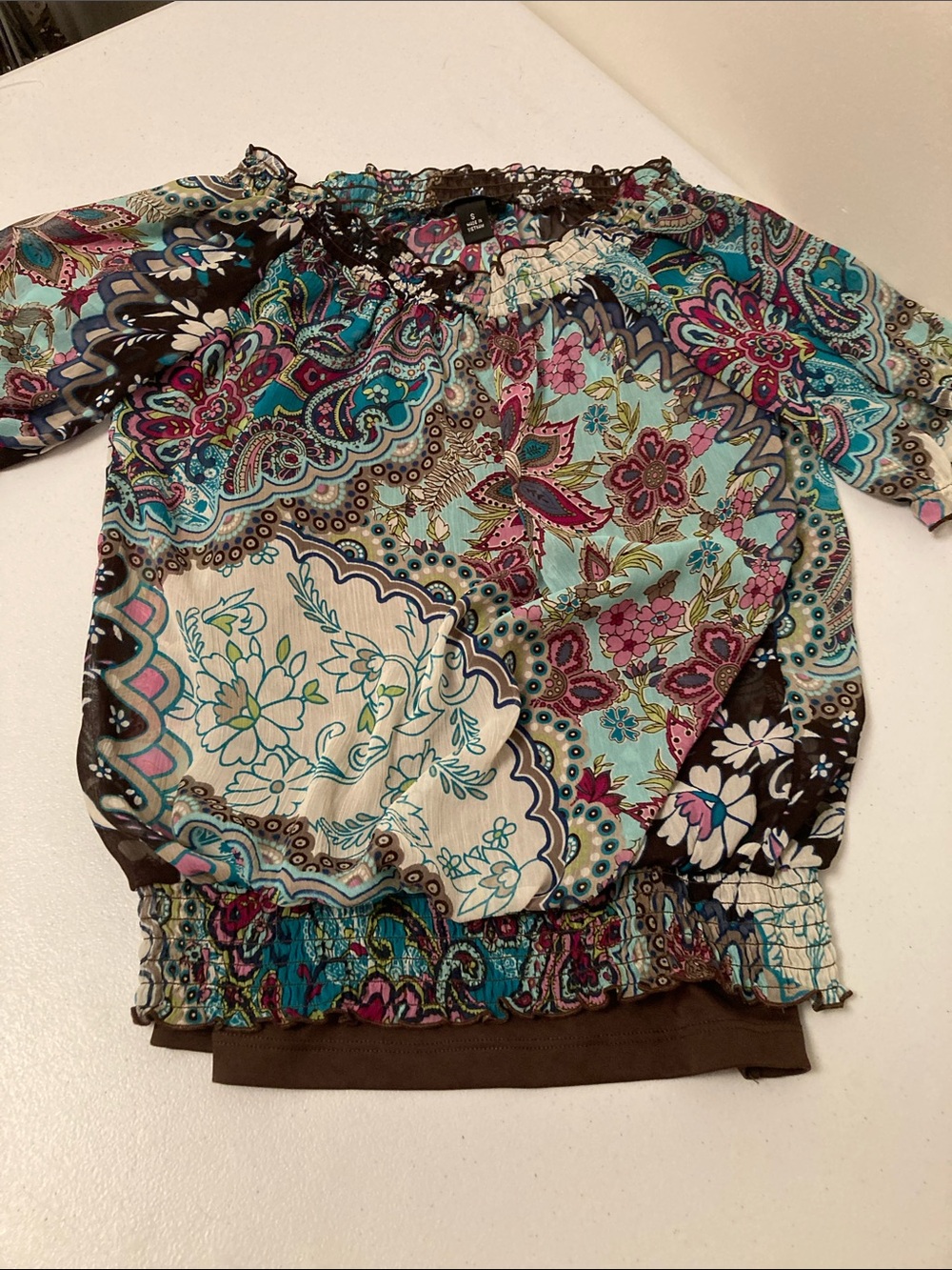 Floral Boho Off-Shoulder Blouse in Teal, Pink & Brown